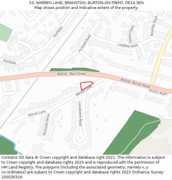 53, WARREN LANE, BRANSTON, BURTON-ON-TRENT, DE14 3EN: Location map and indicative extent of plot