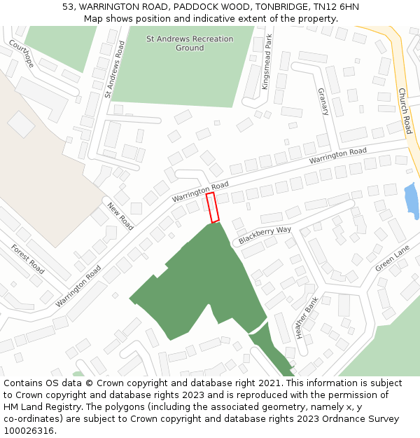 53, WARRINGTON ROAD, PADDOCK WOOD, TONBRIDGE, TN12 6HN: Location map and indicative extent of plot