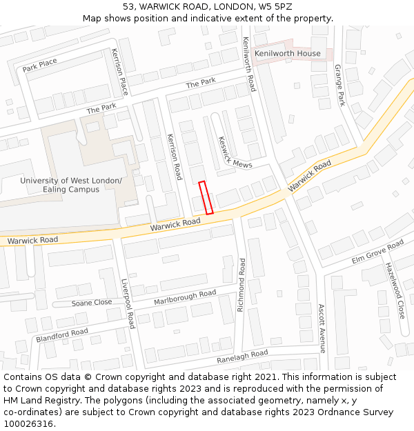 53, WARWICK ROAD, LONDON, W5 5PZ: Location map and indicative extent of plot