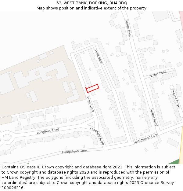 53, WEST BANK, DORKING, RH4 3DQ: Location map and indicative extent of plot