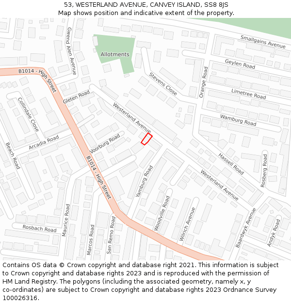53, WESTERLAND AVENUE, CANVEY ISLAND, SS8 8JS: Location map and indicative extent of plot