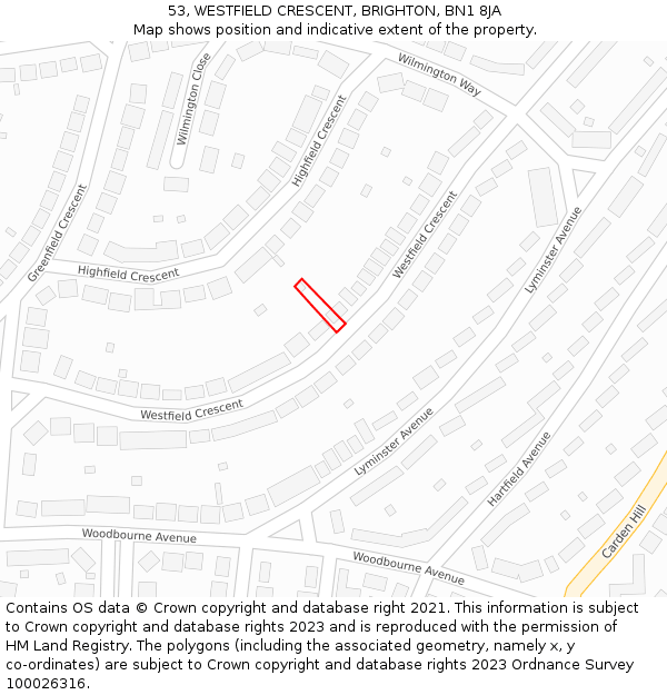 53, WESTFIELD CRESCENT, BRIGHTON, BN1 8JA: Location map and indicative extent of plot