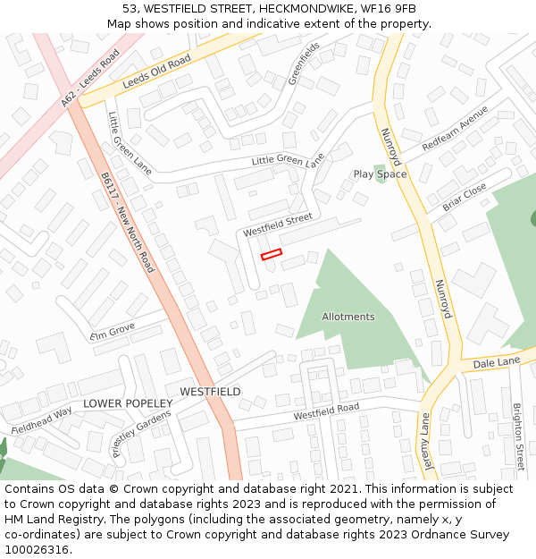 53, WESTFIELD STREET, HECKMONDWIKE, WF16 9FB: Location map and indicative extent of plot