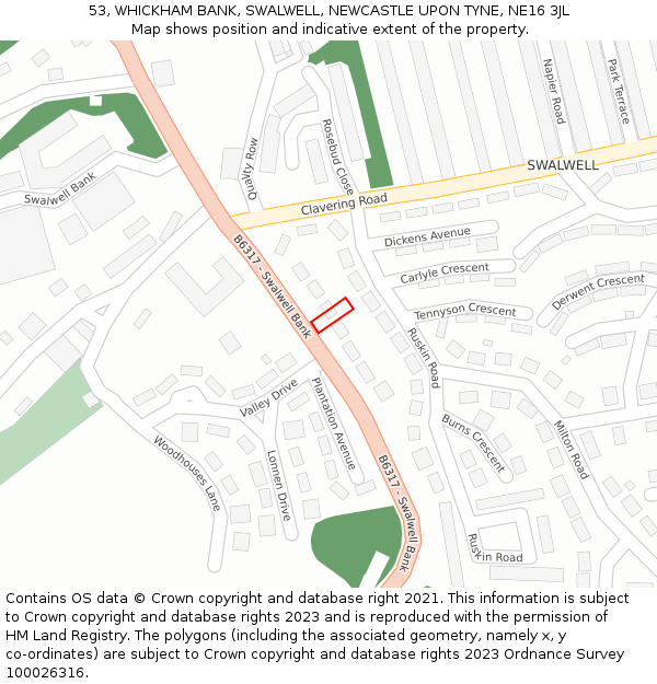 53, WHICKHAM BANK, SWALWELL, NEWCASTLE UPON TYNE, NE16 3JL: Location map and indicative extent of plot