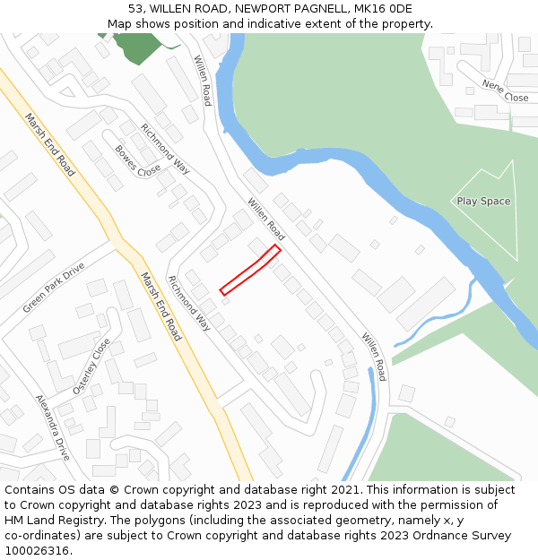 53, WILLEN ROAD, NEWPORT PAGNELL, MK16 0DE: Location map and indicative extent of plot