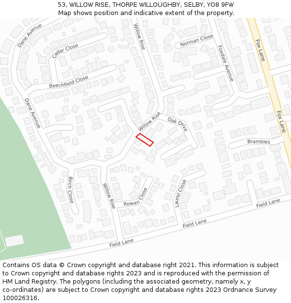 53, WILLOW RISE, THORPE WILLOUGHBY, SELBY, YO8 9FW: Location map and indicative extent of plot