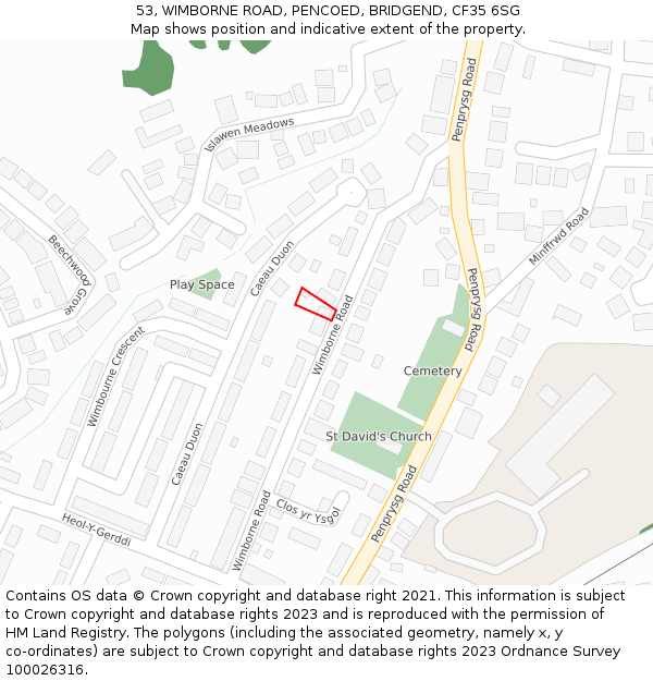 53, WIMBORNE ROAD, PENCOED, BRIDGEND, CF35 6SG: Location map and indicative extent of plot