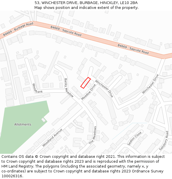 53, WINCHESTER DRIVE, BURBAGE, HINCKLEY, LE10 2BA: Location map and indicative extent of plot