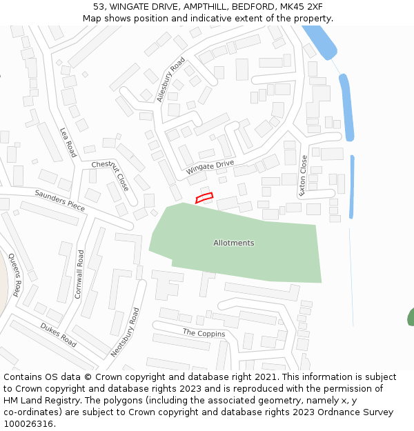 53, WINGATE DRIVE, AMPTHILL, BEDFORD, MK45 2XF: Location map and indicative extent of plot