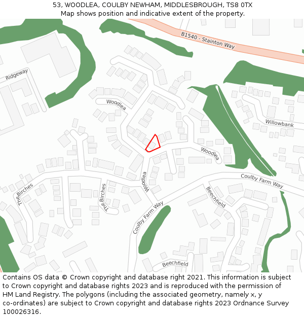 53, WOODLEA, COULBY NEWHAM, MIDDLESBROUGH, TS8 0TX: Location map and indicative extent of plot