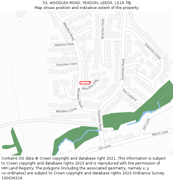 53, WOODLEA ROAD, YEADON, LEEDS, LS19 7BJ: Location map and indicative extent of plot