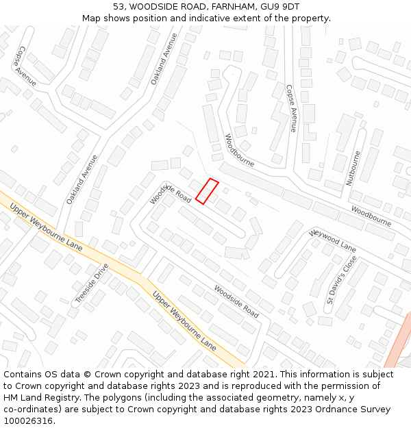 53, WOODSIDE ROAD, FARNHAM, GU9 9DT: Location map and indicative extent of plot