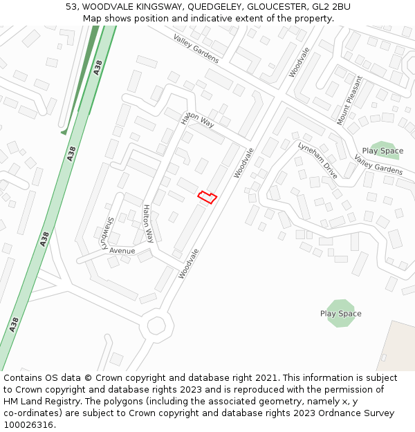 53, WOODVALE KINGSWAY, QUEDGELEY, GLOUCESTER, GL2 2BU: Location map and indicative extent of plot