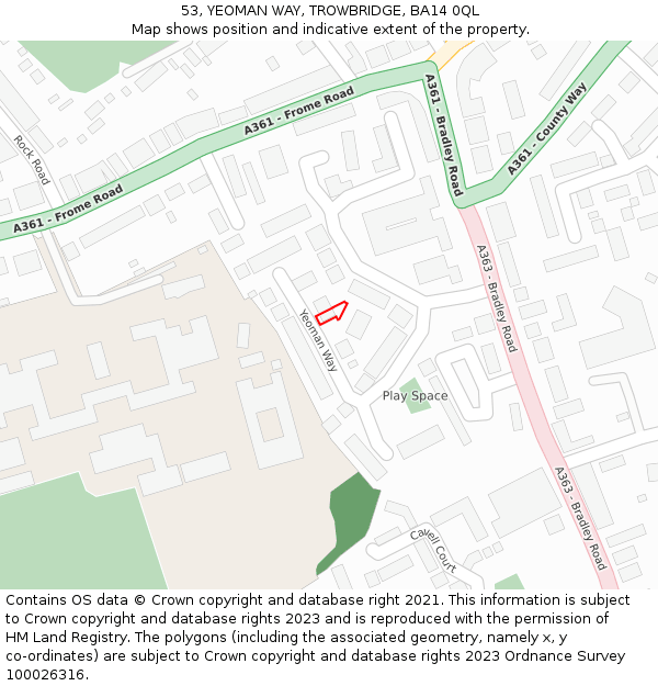 53, YEOMAN WAY, TROWBRIDGE, BA14 0QL: Location map and indicative extent of plot