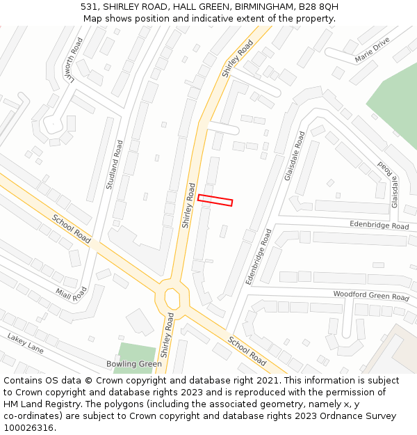 531, SHIRLEY ROAD, HALL GREEN, BIRMINGHAM, B28 8QH: Location map and indicative extent of plot