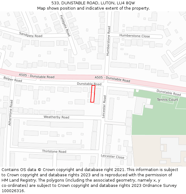 533, DUNSTABLE ROAD, LUTON, LU4 8QW: Location map and indicative extent of plot