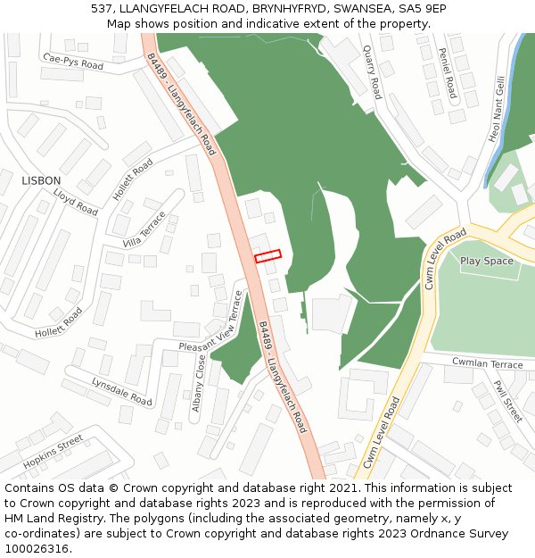 537, LLANGYFELACH ROAD, BRYNHYFRYD, SWANSEA, SA5 9EP: Location map and indicative extent of plot