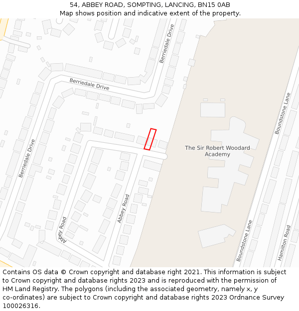 54, ABBEY ROAD, SOMPTING, LANCING, BN15 0AB: Location map and indicative extent of plot