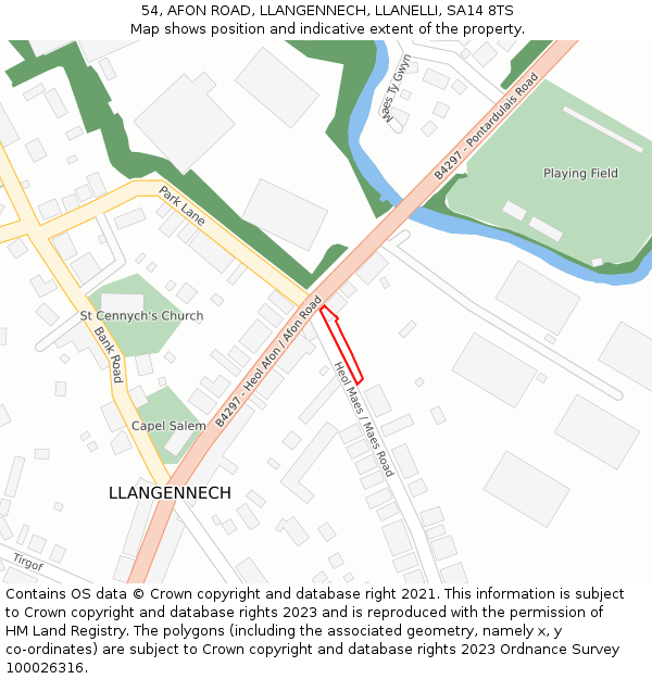 54, AFON ROAD, LLANGENNECH, LLANELLI, SA14 8TS: Location map and indicative extent of plot