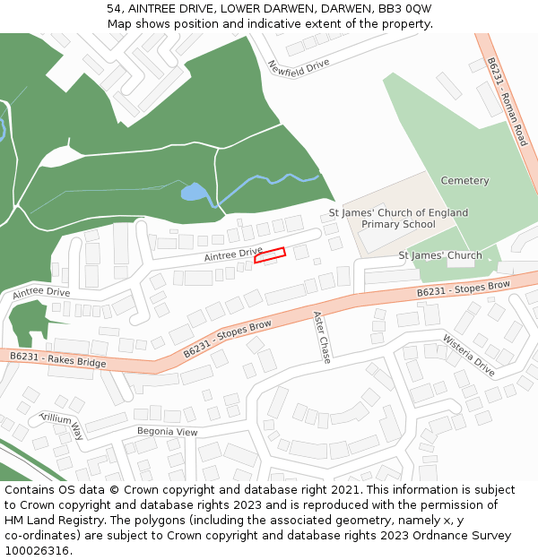 54, AINTREE DRIVE, LOWER DARWEN, DARWEN, BB3 0QW: Location map and indicative extent of plot