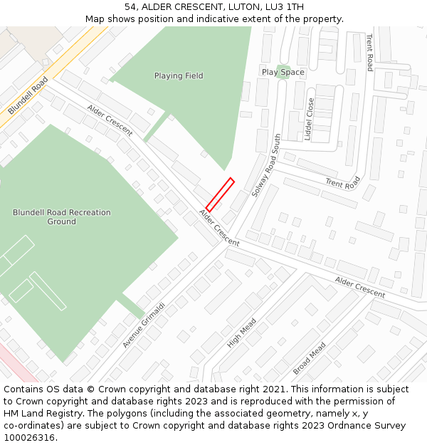 54, ALDER CRESCENT, LUTON, LU3 1TH: Location map and indicative extent of plot