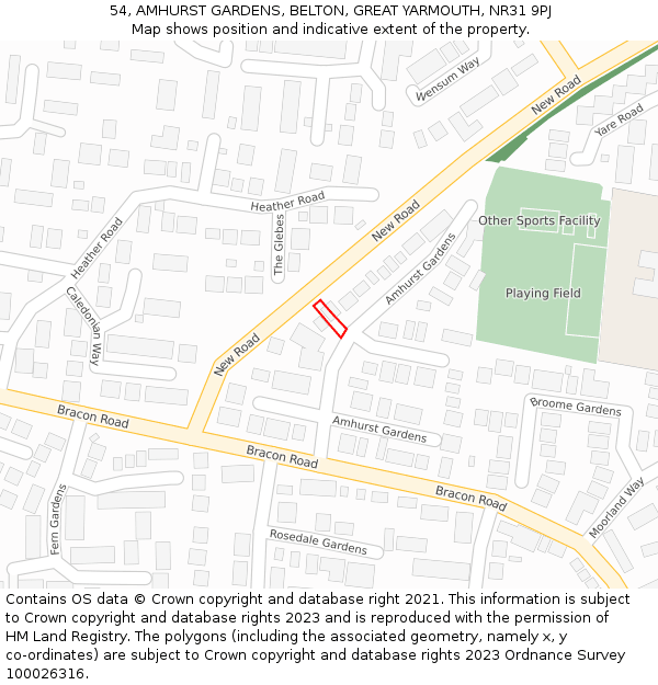 54, AMHURST GARDENS, BELTON, GREAT YARMOUTH, NR31 9PJ: Location map and indicative extent of plot