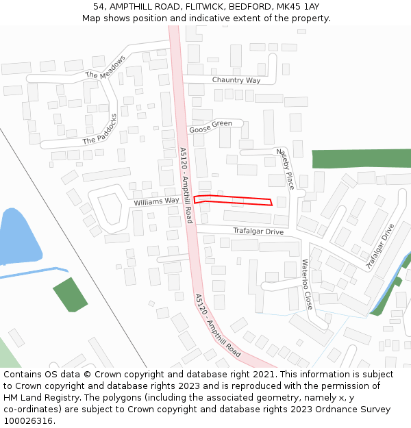 54, AMPTHILL ROAD, FLITWICK, BEDFORD, MK45 1AY: Location map and indicative extent of plot