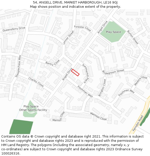54, ANGELL DRIVE, MARKET HARBOROUGH, LE16 9GJ: Location map and indicative extent of plot