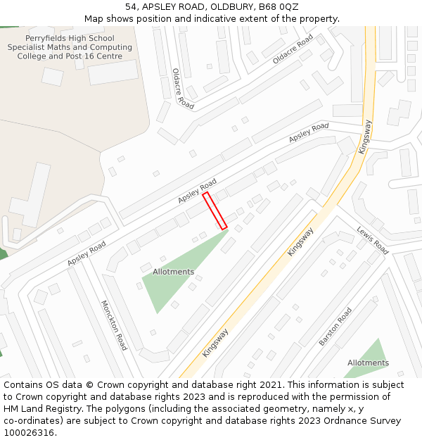 54, APSLEY ROAD, OLDBURY, B68 0QZ: Location map and indicative extent of plot