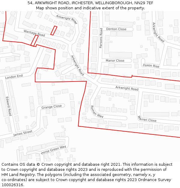 54, ARKWRIGHT ROAD, IRCHESTER, WELLINGBOROUGH, NN29 7EF: Location map and indicative extent of plot