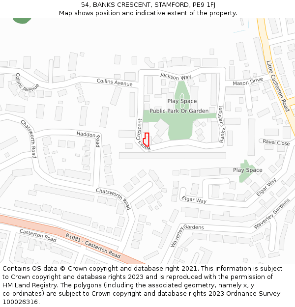 54, BANKS CRESCENT, STAMFORD, PE9 1FJ: Location map and indicative extent of plot