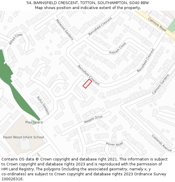 54, BARNSFIELD CRESCENT, TOTTON, SOUTHAMPTON, SO40 8BW: Location map and indicative extent of plot