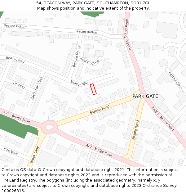 54, BEACON WAY, PARK GATE, SOUTHAMPTON, SO31 7GL: Location map and indicative extent of plot