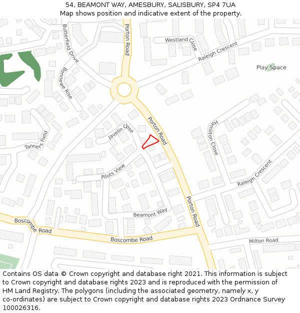 54, BEAMONT WAY, AMESBURY, SALISBURY, SP4 7UA: Location map and indicative extent of plot