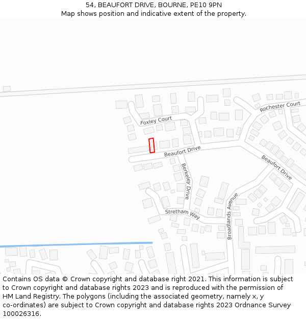 54, BEAUFORT DRIVE, BOURNE, PE10 9PN: Location map and indicative extent of plot