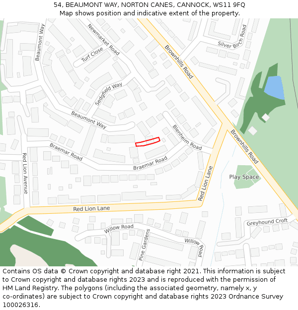 54, BEAUMONT WAY, NORTON CANES, CANNOCK, WS11 9FQ: Location map and indicative extent of plot