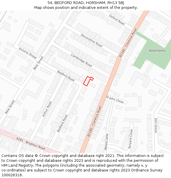 54, BEDFORD ROAD, HORSHAM, RH13 5BJ: Location map and indicative extent of plot