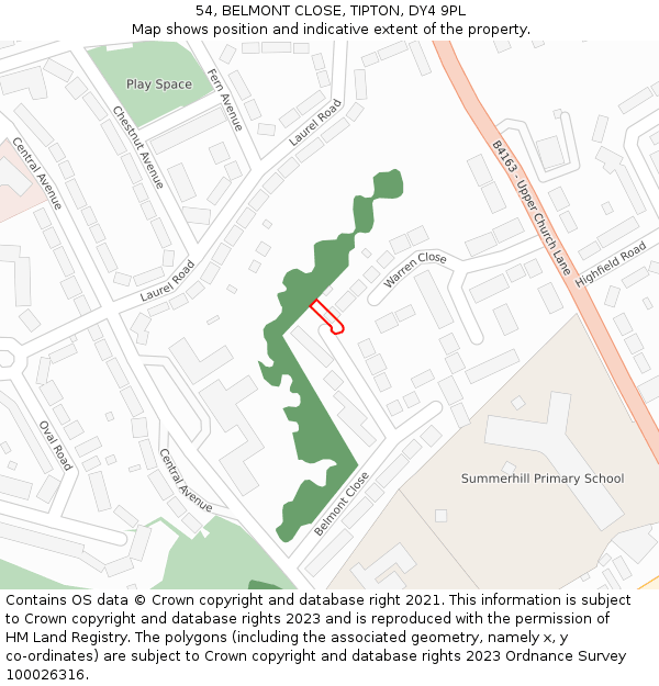 54, BELMONT CLOSE, TIPTON, DY4 9PL: Location map and indicative extent of plot