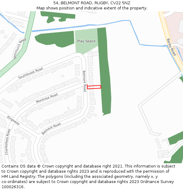 54, BELMONT ROAD, RUGBY, CV22 5NZ: Location map and indicative extent of plot