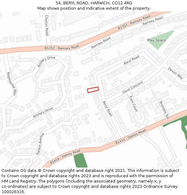 54, BERYL ROAD, HARWICH, CO12 4RG: Location map and indicative extent of plot