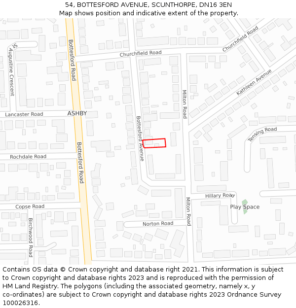 54, BOTTESFORD AVENUE, SCUNTHORPE, DN16 3EN: Location map and indicative extent of plot