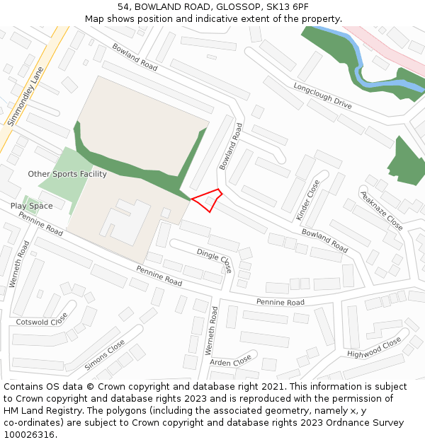 54, BOWLAND ROAD, GLOSSOP, SK13 6PF: Location map and indicative extent of plot