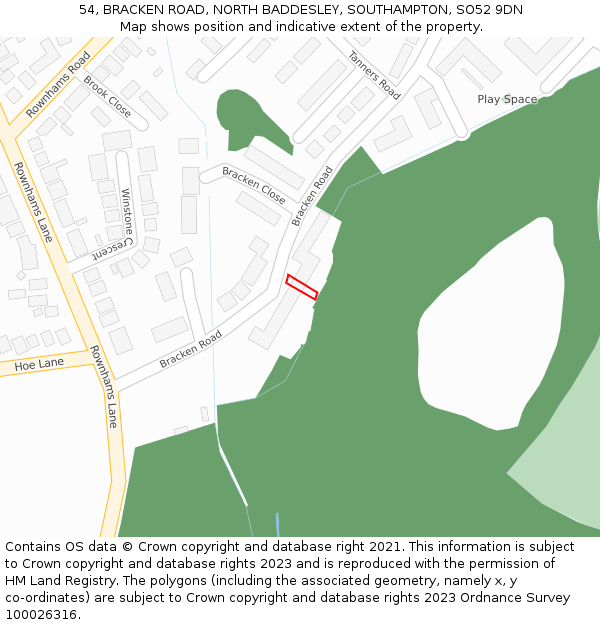 54, BRACKEN ROAD, NORTH BADDESLEY, SOUTHAMPTON, SO52 9DN: Location map and indicative extent of plot