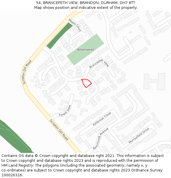 54, BRANCEPETH VIEW, BRANDON, DURHAM, DH7 8TT: Location map and indicative extent of plot