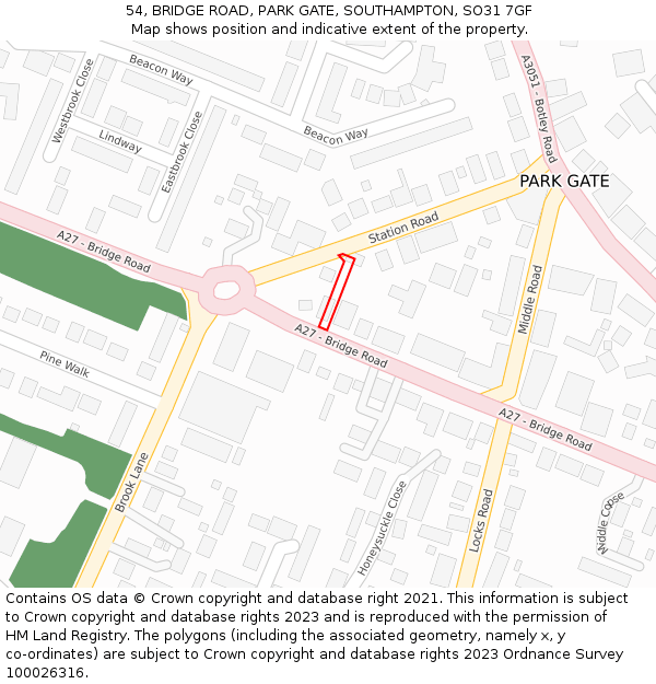 54, BRIDGE ROAD, PARK GATE, SOUTHAMPTON, SO31 7GF: Location map and indicative extent of plot