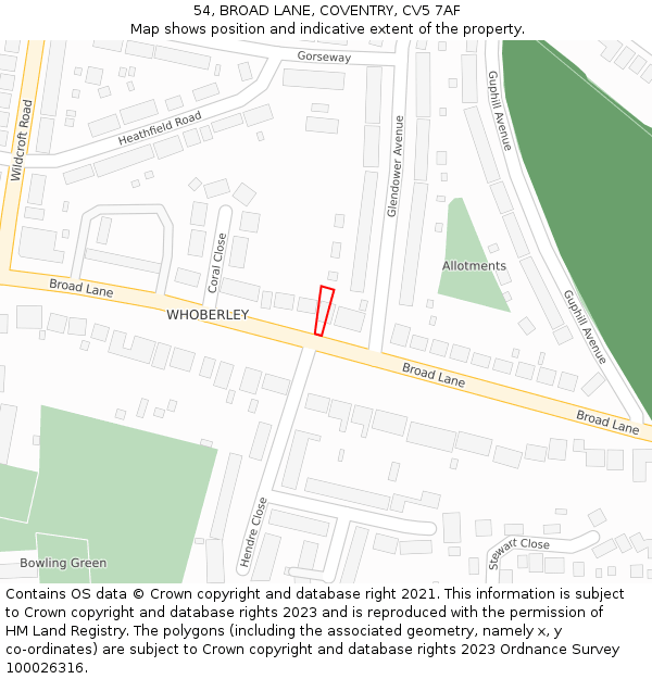 54, BROAD LANE, COVENTRY, CV5 7AF: Location map and indicative extent of plot
