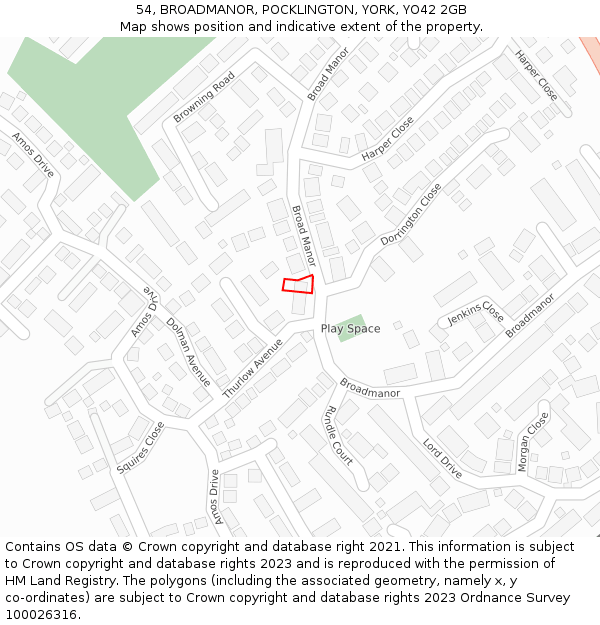 54, BROADMANOR, POCKLINGTON, YORK, YO42 2GB: Location map and indicative extent of plot