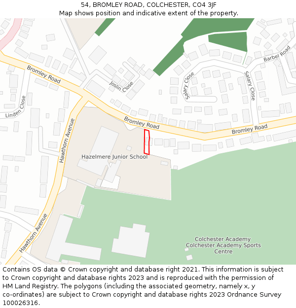 54, BROMLEY ROAD, COLCHESTER, CO4 3JF: Location map and indicative extent of plot