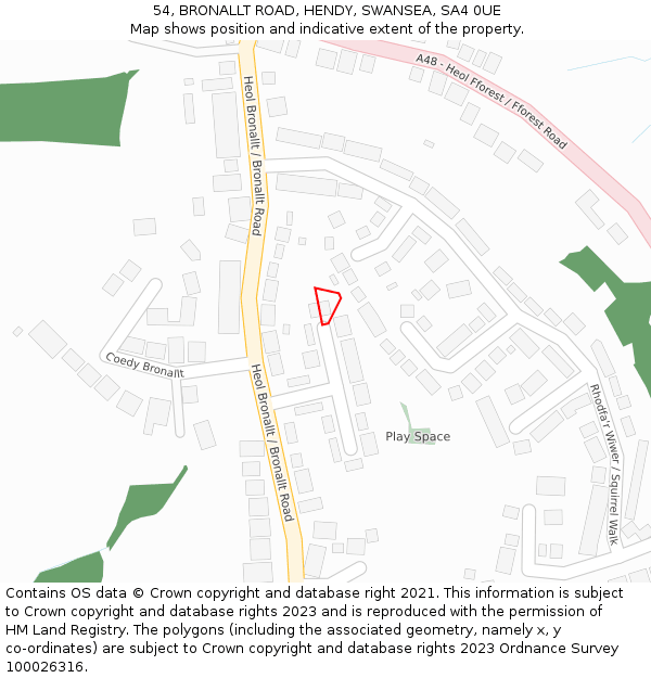 54, BRONALLT ROAD, HENDY, SWANSEA, SA4 0UE: Location map and indicative extent of plot