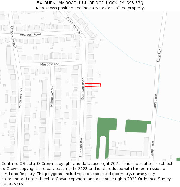 54, BURNHAM ROAD, HULLBRIDGE, HOCKLEY, SS5 6BQ: Location map and indicative extent of plot